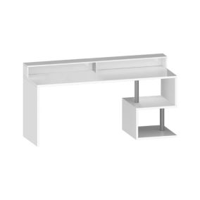 Bureau Alban, Bureau linéaire avec étagères de rangement avec lampes LED, Bureau polyvalent avec plateau, 180x60h93 cm, Blanc