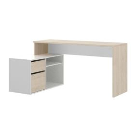 Bureau Andor, Bureau multi-positions pour le bureau ou la chambre, Table d'étude d'angle polyvalente, 139x92h75 cm, Blanc et Chêne