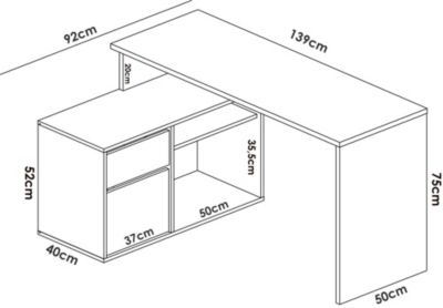 Bureau Andor, Bureau multi-positions pour le bureau ou la chambre, Table d'étude d'angle polyvalente, 139x92h75 cm, Blanc et Chêne