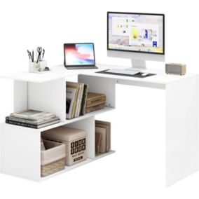 Bureau Angle Table Ordinateur Blanc Rangement Asymétrique Bois Chambre