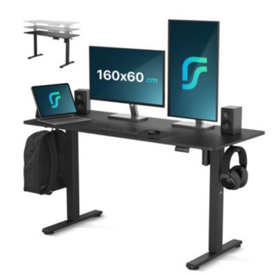 Bureau Assis-Debout, Electrique Réglable, Gaming, Avec Support Casque Et Gestion Des Câbles, 160x60cm, Noir