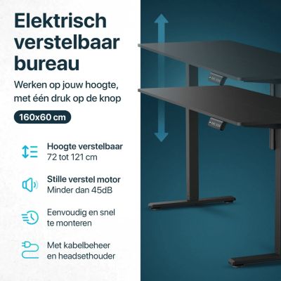 Bureau Assis-Debout, Electrique Réglable, Gaming, Avec Support Casque Et Gestion Des Câbles, 160x60cm, Noir