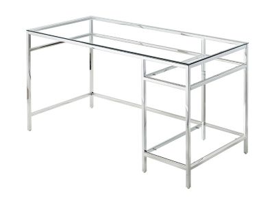Bureau avec 2 étagères - Verre trempé et acier - Argent - TIZIO
