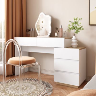 Bureau avec Tiroirs - Bureau avec Coiffeuse et Rangements, Bois, Blanc et Bois Clair - 125x38,9x76 cm