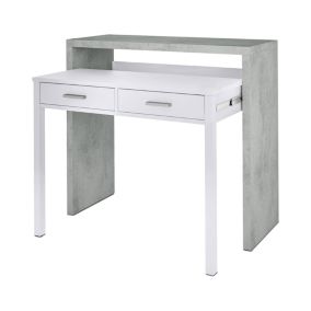 Bureau Billings, Bureau avec plateau extensible, Bureau PC avec 2 tiroirs, 99x36h88 cm, Ciment et Blanc