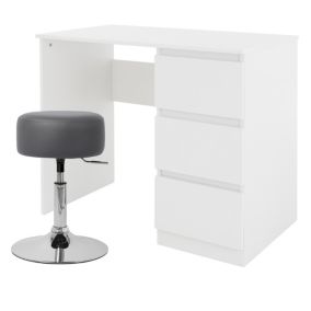 Bureau blanc avec tabouret gris foncé table d'ordinateur table travail 3 tiroirs