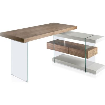 Bureau bois côtés en verre trempé et deux étagères laqué 140 x 127 x 75 cm Noyer, gris perle