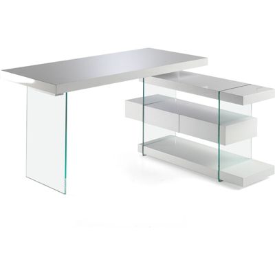 Bureau bois laqué tiroir lateral en verre trempé 140 x 127 x 75 cm Blanche