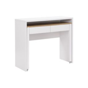 Bureau console extensible avec 2 tiroirs - Blanc et naturel - LOAVIA