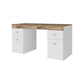 Bureau Cristiano, Bureau PC Linéaire, Table de bureau polyvalente, Bureau peu encombrant, 130x60h75 cm, Blanc brillant et érable