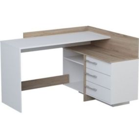 Bureau d'angle 3 tiroirs - chêne et blanc - 128,5 x 105,7 x 83,2 cm - THALES