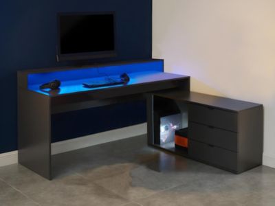 Bureau d'angle gamer NEHA - Avec rangements et LEDs - MDF - Gris