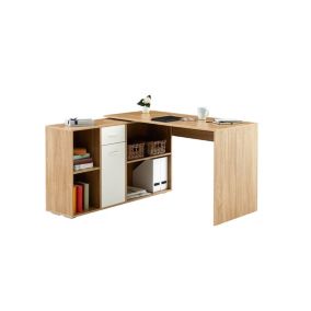 Bureau d'Angle Modulable Couleur Bois + Tiroirs Blanc Rangement Chambre