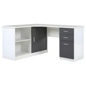 Bureau d'angle NORWY - 2 portes & 2 tiroirs - Blanc & Gris