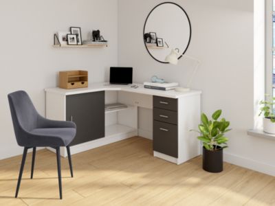 Bureau d'angle NORWY - 2 portes & 2 tiroirs - Blanc & Gris