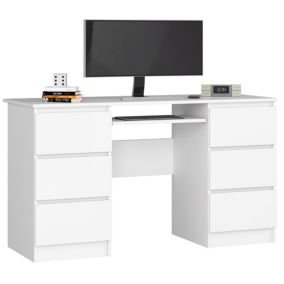 Bureau d'ordinateur AKORD A11 Blanc 135 cm 6 tiroirs façade Blanche 135x50x77 cm