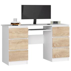 Bureau d'ordinateur AKORD A11 Blanc 135 cm 6 tiroirs façade Chêne Sonoma 135x50x77 cm