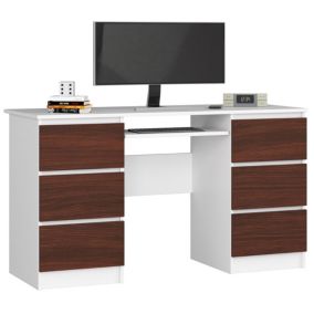 Bureau d'ordinateur AKORD A11 Blanc 135 cm 6 tiroirs façade Wengé 135x50x77 cm