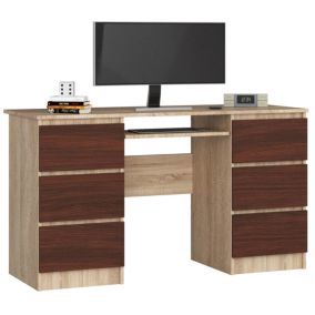 Bureau d'ordinateur AKORD A11 Chêne Sonoma 135 cm 6 tiroirs façade Wengé 135x50x77 cm