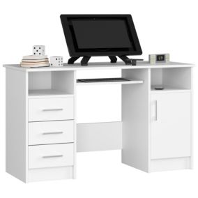 Bureau d'ordinateur AKORD ANA Blanc 124 cm 1 porte 3 tiroirs façade Blanche 5 étagères 124x52x74 cm