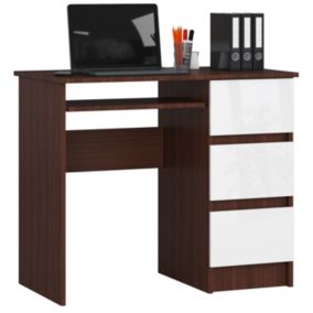 Bureau d'ordinateur AKORD droit A6 Wengé 90 cm 3 tiroirs façade Blanche 1 étagère 90x50x77 cm