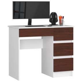 Bureau d'ordinateur AKORD droit A7 Blanc 90 cm 4 tiroirs façade Wengé 90x50x77 cm