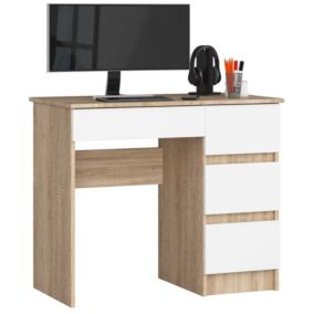 Bureau d'ordinateur AKORD droit A7 Chêne Sonoma 90 cm 4 tiroirs façade Blanche 90x50x77 cm