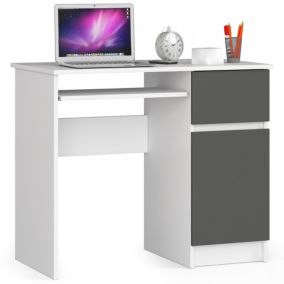 Bureau d'ordinateur AKORD droit PIKSEL Blanc 90 cm 1 porte 1 tiroir façade Gris Graphite 3 étagères 90x50x77 cm