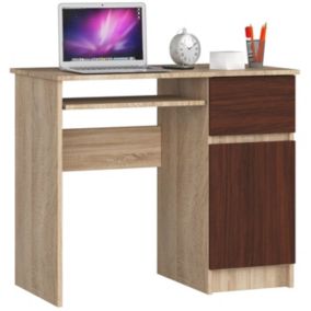 Bureau d'ordinateur AKORD droit PIKSEL Chêne Sonoma 90 cm 1 porte 1 tiroir façade Wengé 3 étagères 90x50x77 cm