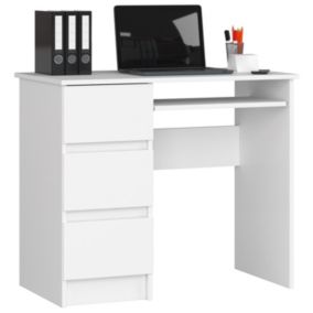 Bureau d'ordinateur AKORD gauche A6 Blanc 90 cm 3 tiroirs façade Blanche 1 étagère 90x50x77 cm