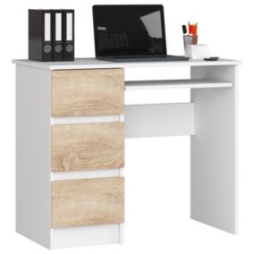 Bureau d'ordinateur AKORD gauche A6 Blanc 90 cm 3 tiroirs façade Chêne Sonoma 1 étagère 90x50x77 cm