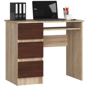 Bureau d'ordinateur AKORD gauche A6 Chêne Sonoma 90 cm 3 tiroirs façade Wengé 1 étagère 90x50x77 cm