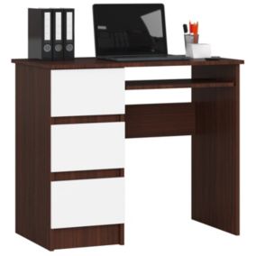 Bureau d'ordinateur AKORD gauche A6 Wengé 90 cm 3 tiroirs façade Blanche 1 étagère 90x50x77 cm