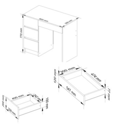 Bureau d'ordinateur AKORD gauche A7 Blanc 90 cm 4 tiroirs façade Blanche 90x50x77 cm