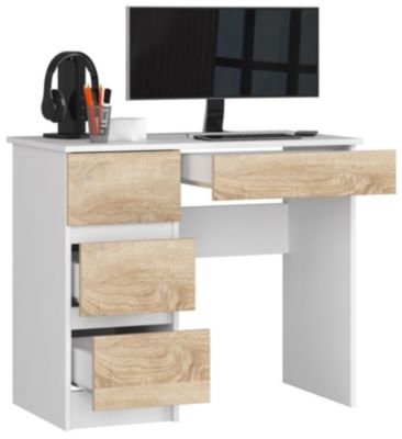 Bureau d'ordinateur AKORD gauche A7 Blanc 90 cm 4 tiroirs façade Chêne Sonoma 90x50x77 cm