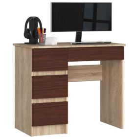 Bureau d'ordinateur AKORD gauche A7 Chêne Sonoma 90 cm 4 tiroirs façade Wengé 90x50x77 cm