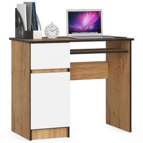 Bureau d'ordinateur AKORD gauche PIKSEL Chêne Craft 90 cm 1 porte 1 tiroir façade Blanche 3 étagères 90x50x77 cm