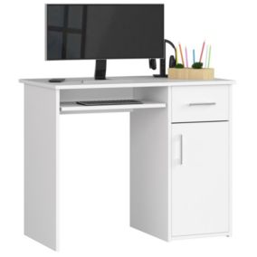 Bureau d'ordinateur AKORD PIN Blanc 90 cm 1 porte 1 tiroir façade Blanche 3 étagères 90x50x74 cm