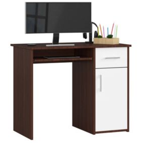 Bureau d'ordinateur AKORD PIN Wengé 90 cm 1 porte 1 tiroir façade Blanche 3 étagères 90x50x74 cm