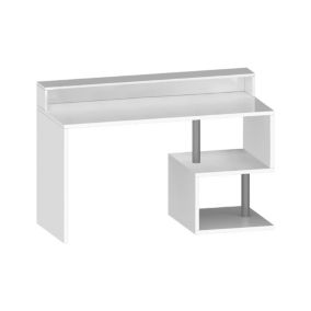 Bureau Dcaldirol, Bureau linéaire avec étagères de rangement avec lampes LED, bureau polyvalent avec plateau, 140x60h93 cm, Blanc