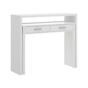 Bureau Dghelle, Bureau multi-positions avec plateau extractible, Console d'étude linéaire avec 2 tiroirs, 99x70h88 cm, Blanc