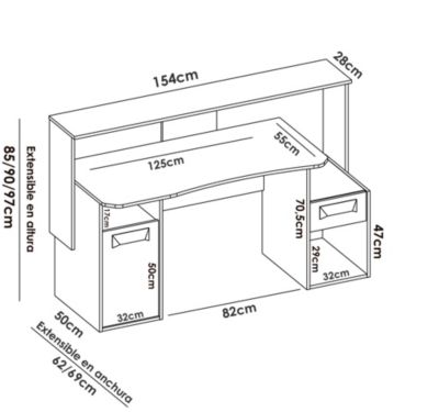 Bureau Dgorin, bureau de jeu multifonction moderne, table d'étude pour PC, 154x69h98 cm, Anthracite, sans lumières LED