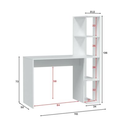 Bureau Dlup, Bureau linéaire avec bibliothèque, Table de bureau polyvalente peu encombrante, 110x50h136 cm, Blanc