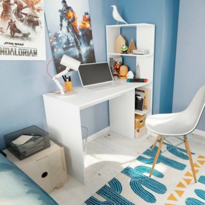 Bureau Dlup, Bureau linéaire avec bibliothèque, Table de bureau polyvalente peu encombrante, 110x50h136 cm, Blanc