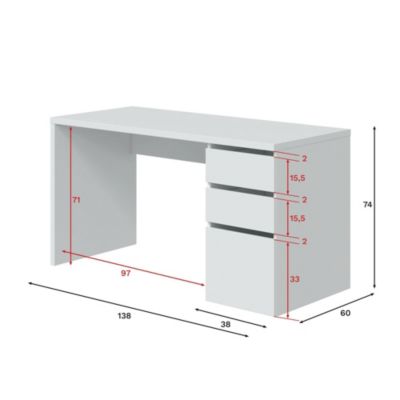 Bureau Dmallam, Bureau réversible avec 3 tiroirs, Table de bureau multi-positions gain de place, 138x60h74 cm, Blanc