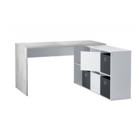 Bureau Dmorlup, Bureau multi-positions réversible, Table d'étude pour PC avec étagère, 136x139h74 cm, Blanc et Ciment