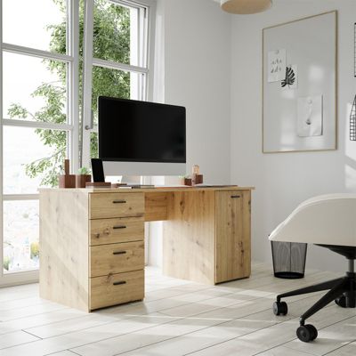 Bureau droit 145 cm décor chêne rustique 1 placard 4 tiroirs - MANOLO