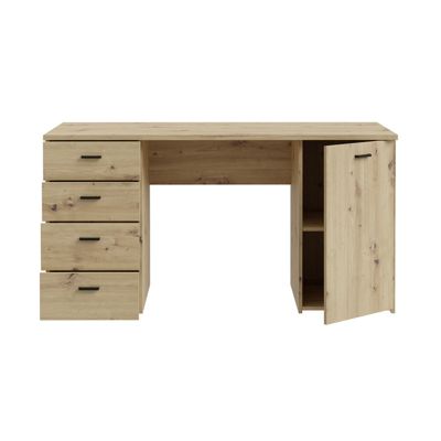 Bureau droit 145 cm décor chêne rustique 1 placard 4 tiroirs - MANOLO