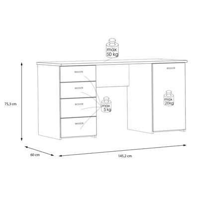 Bureau droit 145 cm décor chêne rustique 1 placard 4 tiroirs - MANOLO