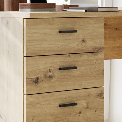 Bureau droit 145 cm décor chêne rustique placard tiroirs MANOLO